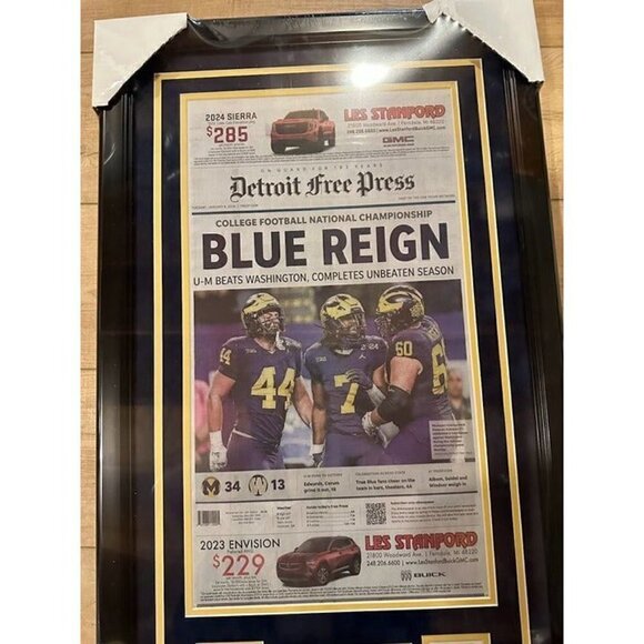 Michigan Wolverines 2024 CFP Detroit Free Press Frontpage Newspaper Framed - Picture 3 of 5